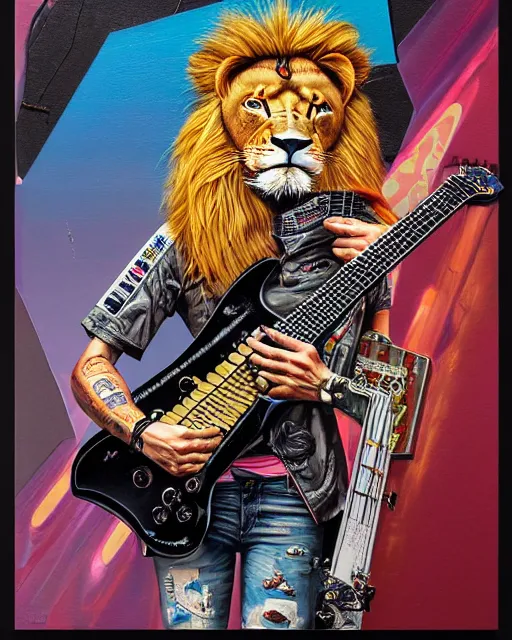 Image similar to a portrait of an anthropomorphic cyberpunk lion shredding an electric guitar as the guitar melts by sandra chevrier, by jon foster, detailed render, tape deck, epic composition, cybernetics, 4 k realistic, cryengine, realistic shaded lighting, sharp focus, masterpiece, by enki bilal