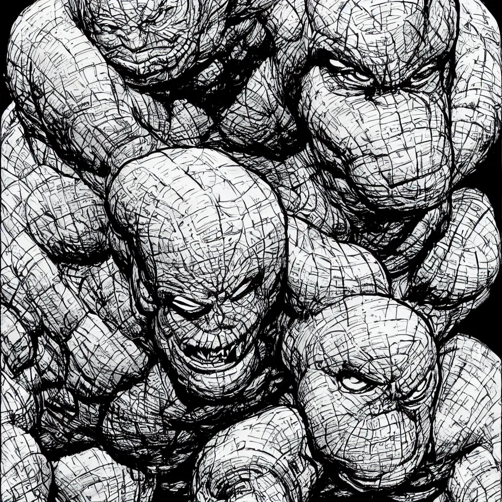 Prompt: A dramatic close-up portrait of Ben Grimm The Thing as illustrated by Jack Kirby, highly detailed, 8k, sparse dark atmosphere, perfect pen and ink line art, large hulking figure, highly hyperdetailed and precisely inked, perfect facial symmetry, futuristic, cosmic, full color Marvel Comics 1968, Fantastic Four, dim lights, high technical detail