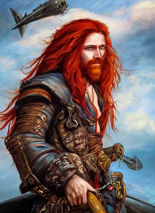 Image similar to an epic fantasy comic book style portrait painting of a long haired, red headed male sky - pirate in front of an airship in the style of eve ventrue