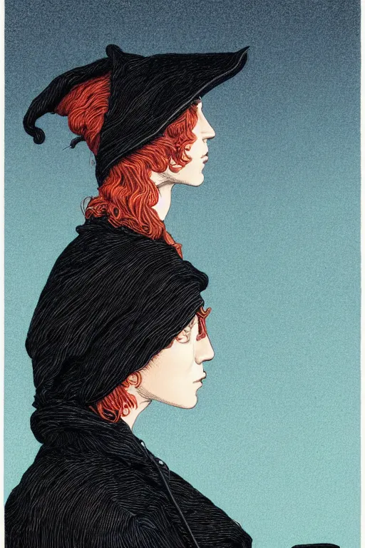 Prompt: a vibrant ultraclear sideview waist up portrait witch girl wearing black hoodie by rene magritte and laurie greasley, etching by gustave dore, colorful flat surreal, ethereal, intricate, sharp focus, illustration, highly detailed, digital painting, concept art, masterpiece