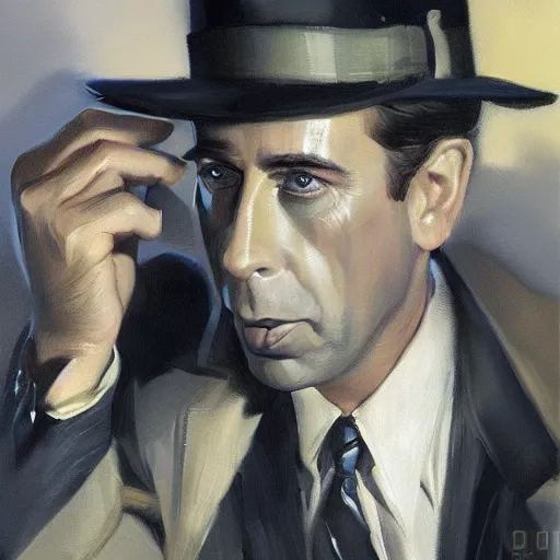 Image similar to humphrey bogart as sam spade, portrait, highly detailed, digital painting, artstation, concept art, sharp focus, illustration, art , style of Dean Cornwell by Dean Cornwell