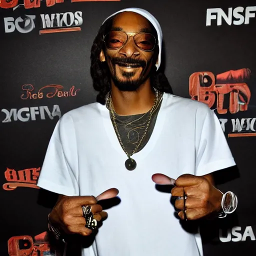 Image similar to Snoop Dog with big eyes eye color red , smiling and holding a joint in his hand