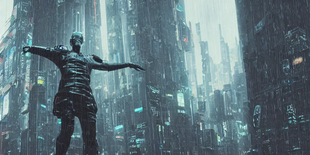 Image similar to cyberpunk statue, rain, space