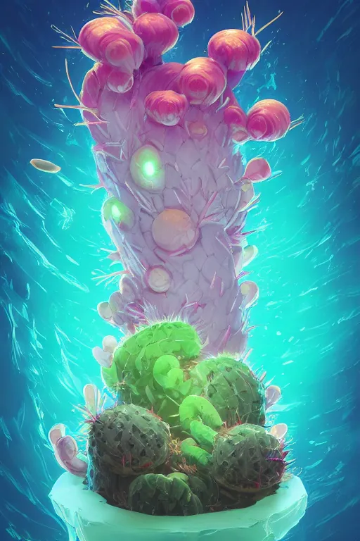 Image similar to roots cactus sushi cristal smurf ghost creature animal sushi cristal very big eye roots cactus elemental flush of force nature micro world fluo fishscale, behance hd by jesper ejsing, by rhads, makoto shinkai and lois van baarle, ilya kuvshinov, rossdraws radiating a glowing aura global illumination ray tracing hdr