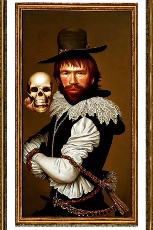 Image similar to a 1 6 0 0 s framed portrait painting of chuck norris holding a skull, intricate, elegant, highly detailed