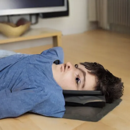 Image similar to beautiful boy lying on the bad with the stomach upward and watching videos