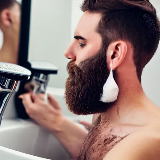 Prompt: man shaving beard into sink, beard hairs laying in the sink