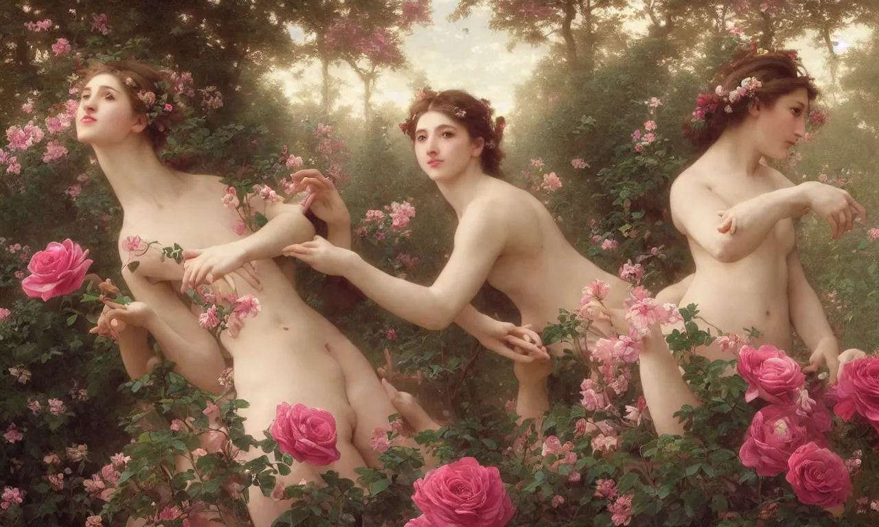 Image similar to a luminous springtime fairytale of beautiful realistic woman with a pretty face dancing with an iridescent dragon in a romantic rose garden. Neon light, masterpiece 4k digital illustration by Artgerm and William-Adolphe Bouguereau, award winning, Artstation, Gustave Dore\' background, intricate details, realistic, panoramic view, volumetric lighting, Hyperdetailed, 8k resolution, intricate art nouveau, golden hour, rendered in Unreal Engine 3