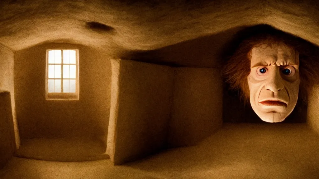 Image similar to the giant head inside the upside down house, film still from the movie directed by denis villeneuve and david cronenberg, with art direction by salvador dali, wide lens