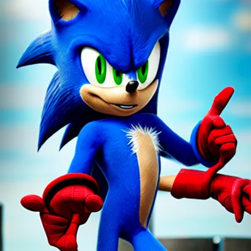 Prompt: A photo realistic image of sonic the hedgehog in a Spiderman costume, HQ, 4k