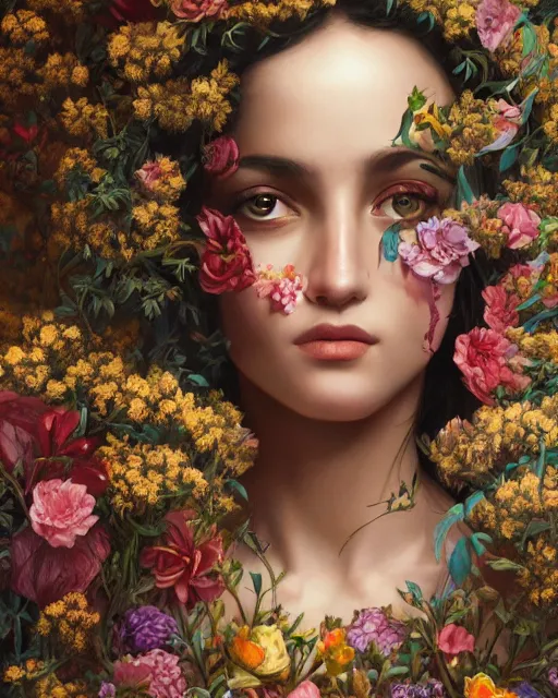 Image similar to portrait of a middle eastern girl, surrounded by flowers by karol bak, james jean, tom bagshaw, rococo, sharp focus, trending on artstation, cinematic lighting, hyper realism, octane render, 8 k, hyper detailed.