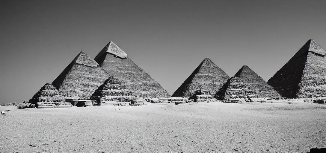 Prompt: vintage landscape photo of giza pyramids, taken leica m 5 with kodak ektachrome, photo realism, film photography, highly detailed