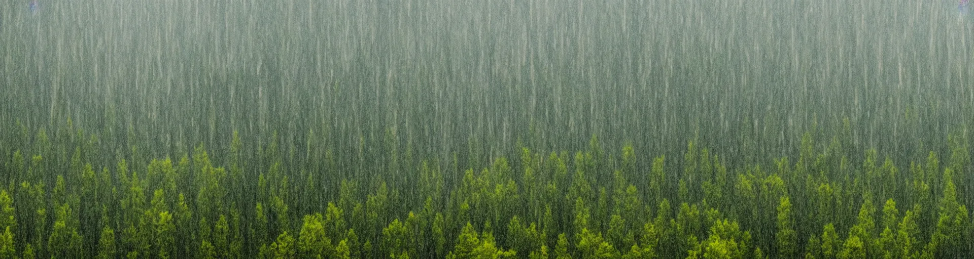 Prompt: a wide landscape shot of a forest with a rainy sky in the background