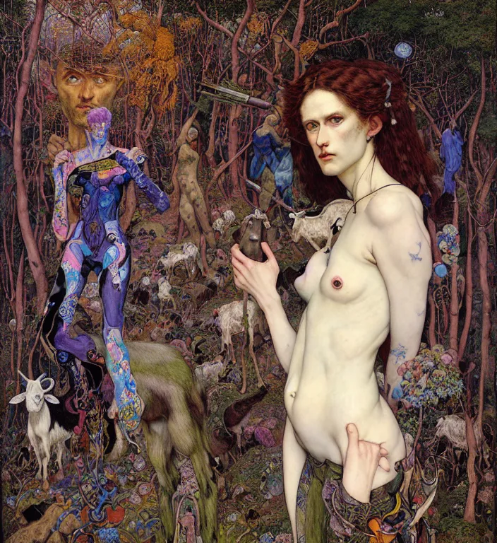 Prompt: pixelated corrupted professional pre-raphaelite defined colours 4k uncropped photo of a fully clothed punk person in the cyberpunk forest with a goat and a robot by Ivan Bilibin, Austin Osman Spare, Norman Rockwell, high quality, ultra detailed. Beksinski painting, part by Adrian Ghenie and Gerhard Richter. art by Takato Yamamoto. masterpiece, oil on canvas painting, pixelart, vivid acid neon colours. Futurism by beksinski carl spitzweg moebius and tuomas korpi. baroque elements. baroque element. intricate artwork by caravaggio. Oil painting. Trending on artstation. 8k