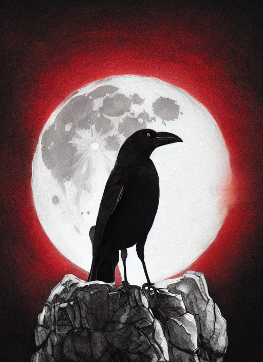 Image similar to portrait, A crow in front of the full big moon, book cover, red white and black colors, establishing shot, extremly high detail, foto realistic, cinematic lighting, pen and ink, intricate line drawings, by Yoshitaka Amano, Ruan Jia, Kentaro Miura, Artgerm, post processed, concept art, artstation, matte painting, style by eddie mendoza, raphael lacoste, alex ross