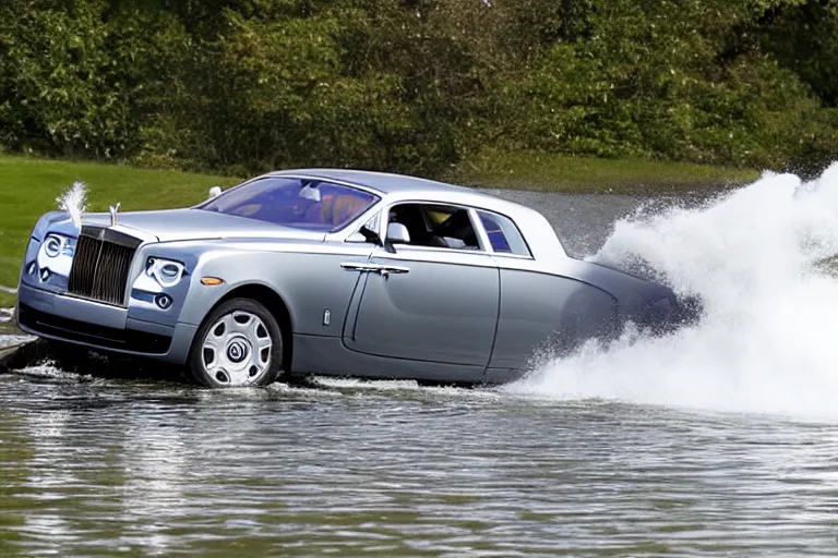 Prompt: Group of teenagers push Rolls-Royce into lake from small slide