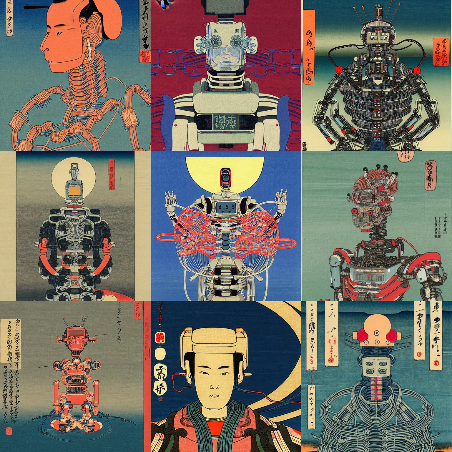 Prompt: a ukiyo-e portrait of a robot saint made of cables and robotic parts, by Hiroshige in the style of simon stålenhag