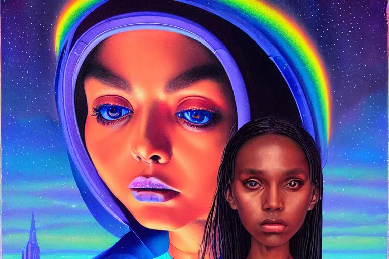 Image similar to patron saint of 🛸🌈👩🏾, futuristic clothing, neon god of city character portrait, in the style of margaret keane, moebius, tom bagshaw, and waterhouse, cinematic lighting, beautiful, elegant, oil painting,