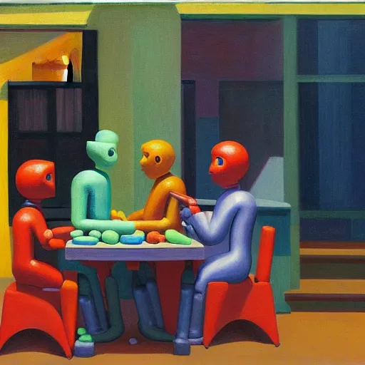 Prompt: happy robots eating play - doh noodles from a play - doh nozzle, grant wood, pj crook, edward hopper, oil on canvas