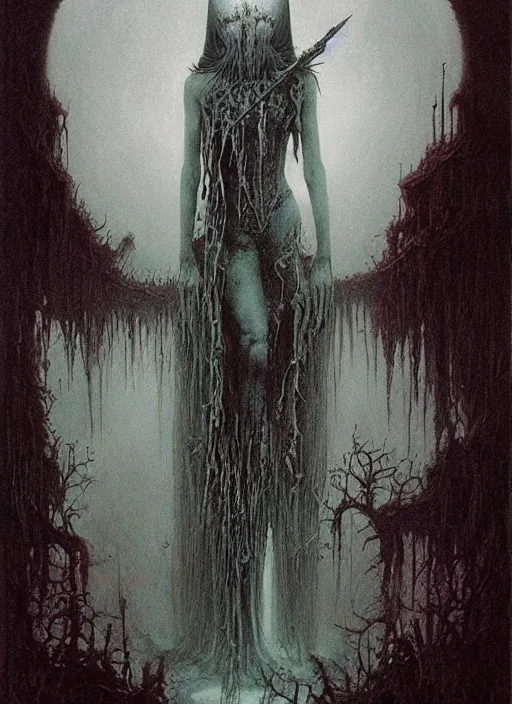 Prompt: majestic dark necromancer queen by Beksinski and Luis Royo