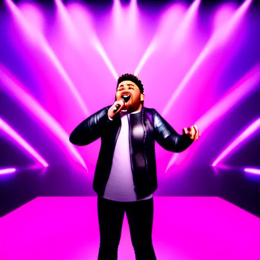 Prompt: photo of david gspd singing on big stage, purple and rose light color, photorealistic, high energy, highly detailed, 4K, UE5