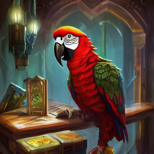 Image similar to Magic the gathering artwork of Anthropomorphized parrot trader in his shop, shelves full, selling a gem, portrait, items, magic potions, carpet, window, fancy funny hat, sly expression , cunning expression, cute expression, presenting magic gem, D&D, fantasy, cinematic lighting, highly detailed, digital painting, artstation, concept art, smooth, sharp focus, illustration, warm light, cozy warm tint, magic the gathering artwork, volumetric lighting, 8k, no gold, no gold colours, art by Akihiko Yoshida and Greg Rutkowski