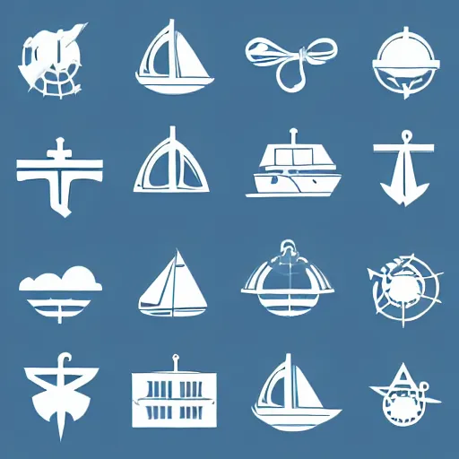 Prompt: grid set of marine icons: anchors, sailboat, ropes etc. Blue icons on white background. Vector graphic. svg