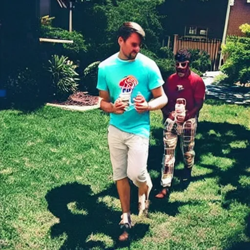 Prompt: “men walking into a backyard to find a table filled with milkshakes”