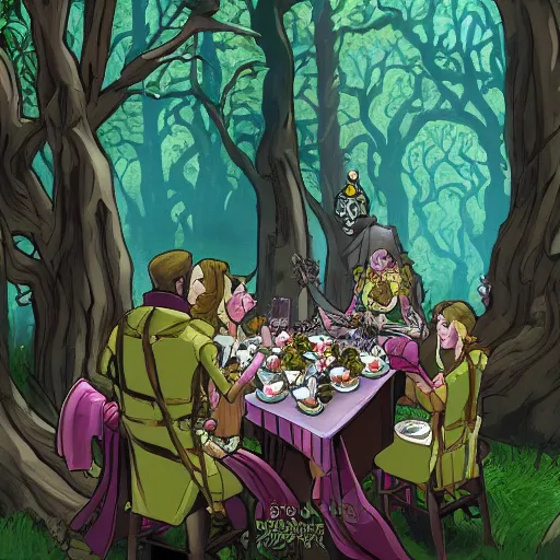 Image similar to the necromancer having a tea party with the paladin in a forest