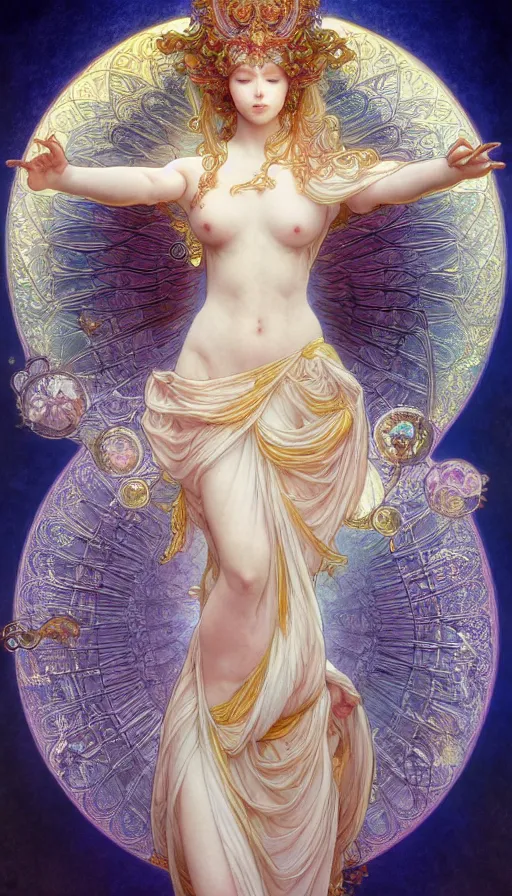 Image similar to goddess angel of tranquility. hyper detailed, character concept, full body, dynamic pose, intricate, lineart, cerpuscular rays, by yoshitaka amano, alfons mucha, 4 k