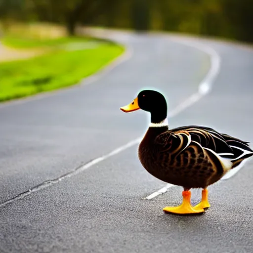 Prompt: a duck crossing a road