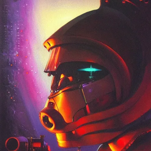 Image similar to a dark and colorful close - up side profile portrait of a spaceship with led lights glowing fog in the background. highly detailed science fiction painting by norman rockwell, frank frazetta, and syd mead. rich colors, high contrast, gloomy atmosphere, dark background. trending on artstation