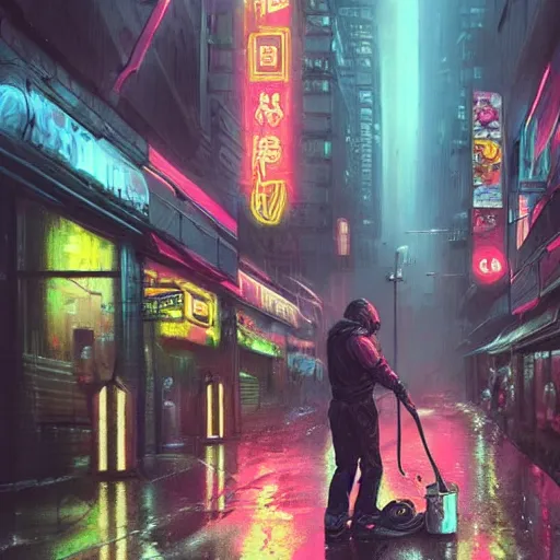 Image similar to man taking out trash near the crowded street of a cyberpunk city, rain, harsh neon lights, highly detailed, digital painting, trending on artstation, concept art, sharp focus, illustration, art by artgerm and greg rutkowski and magali villeneuve