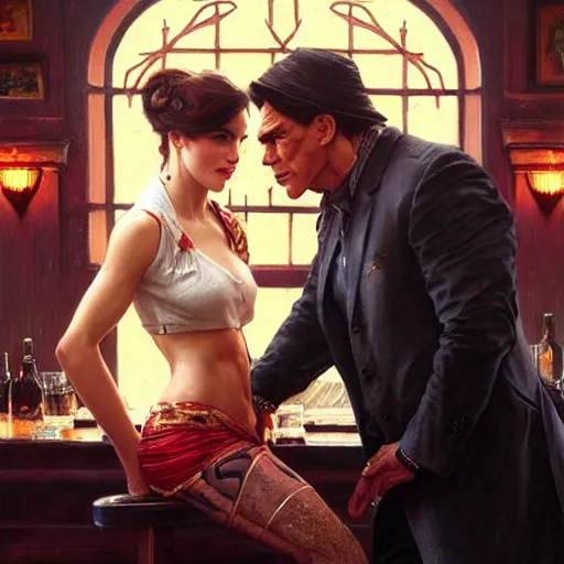 Image similar to vinnie jones flirting with shah rukh khann in a pub, real life skin, intricate, elegant, highly detailed, artstation, concept art, smooth, sharp focus, art by artgerm and greg rutkowski and alphonse mucha