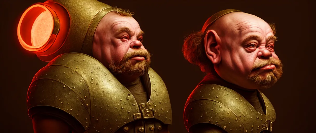 Image similar to hyperrealist highly detailed english medieval portrait of high fashion dwarf dwarfism, lopsided obscure body shape, radiating atomic neon corals, concept art pascal blanche dramatic studio lighting 8k wide angle shallow depth of field