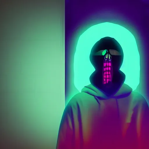 Image similar to ghost in hoodie, portrait, vaporwave, synthwave, neon, vector graphics, cinematic, volumetric lighting, f 8 aperture, cinematic eastman 5 3 8 4 film, photorealistic