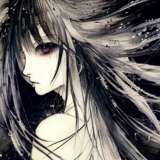 Image similar to yoshitaka amano blurred and dreamy illustration of an anime girl with black eyes, wavy white hair fluttering in the wind wearing elden ring armor and engraving, abstract black and white patterns on the background, noisy film grain effect, highly detailed, renaissance oil painting, weird portrait angle, blurred lost edges, three quarter view