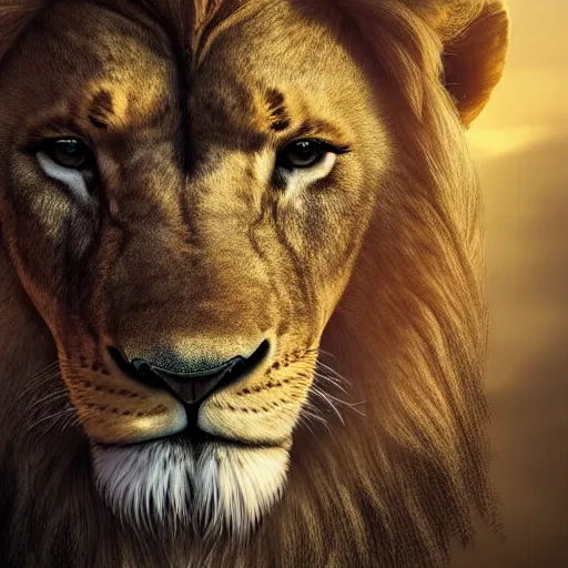 Prompt: high realistic portrait of a lion warrior, highly detailed, epic, dark, 4k