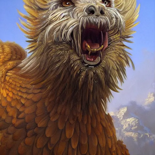 Image similar to a realistic oil painting portrait of a griffon, highly detailed, trending on artstation, by james gurney and michael whelan