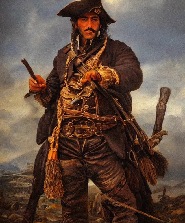 Image similar to ultra realistic color portrait painting of a spanish bandolero 1 9 th century pirate with a trabuco, dark, painted, brooding, atmospheric, landscape, smooth, epic, highly detailed, cinematic