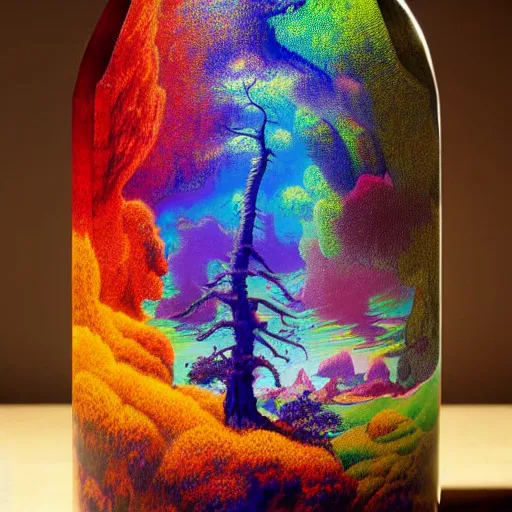 Prompt: prismatic numerical impressionist rivulet hexagon wolf bottle oak tree guitar , by Zdzisław Beksiński and Thomas Kinkade and Benoit B. Mandelbrot , photography , Marvel Comics , An arcylic art