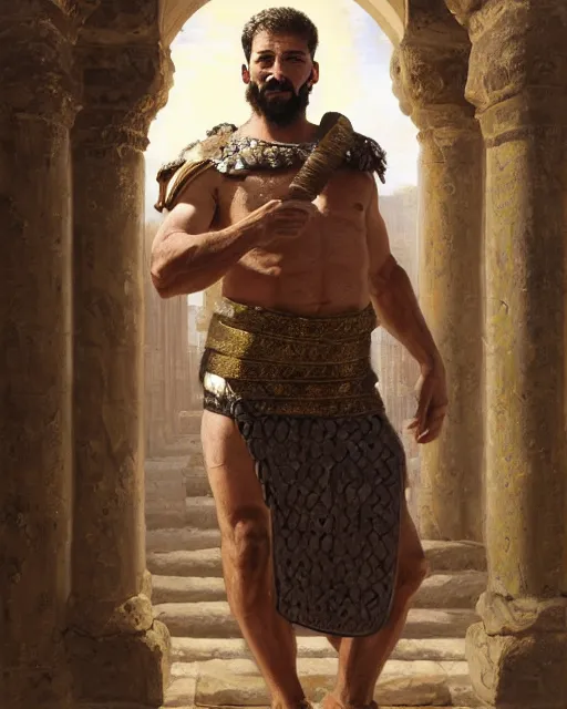 Prompt: babylonian man in ancient courtyard, wearing a toga!! and armour, with a babylonian beard, sharp focus face!!!, herculean, bulging muscular figure, beautiful gigachad, soft lighting, highly detailed face, sharp focus, artstation, sophie anderson, arnold armitage, loish, thomas kinkade