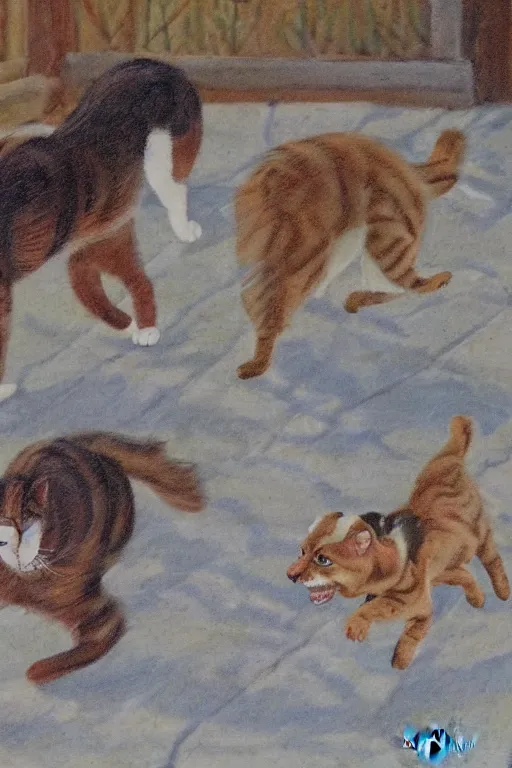 Image similar to a cat chasing dogs by peggy fortnum