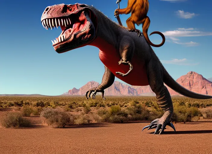 Image similar to Monkey riding T-Rex, Tyrannosaurus rex, saddle, mounted, digital art, Utah desert, monkey, monkey riding t-Rex, 8k