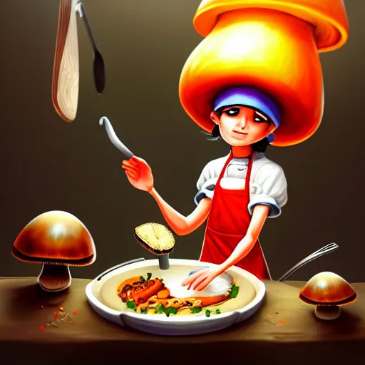 Image similar to a mushroom chef cooking a meal, fantasy illustration, detailed digital painting, trending on artstation