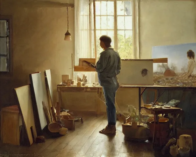 Image similar to a painter in his studio painting a picture of an eggplant emoji - key lighting, soft lights, foggy, by steve hanks, by lisa yuskavage, by serov valentin, by tarkovsky, 8 k render, detailed, oil on canvas