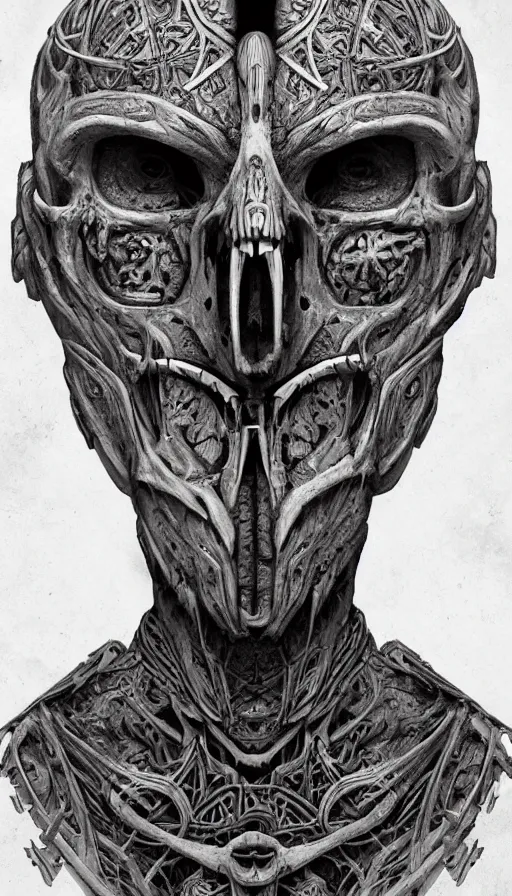 Image similar to ancient biomechanical hybrid aztec fantasy beautiful undead symmetrical human face skull mask tattoo pattern concept, teonanacatl glyph, intricate artwork by, Johnatan Wayshak, Zdizslaw Beksinski, face by Artgerm, H.R. Giger, very coherent artwork, cinematic, hyper realism, high detail, octane render, unreal engine, 8k, High contrast, higly detailed black ink outline, crosshatch sketch gradient