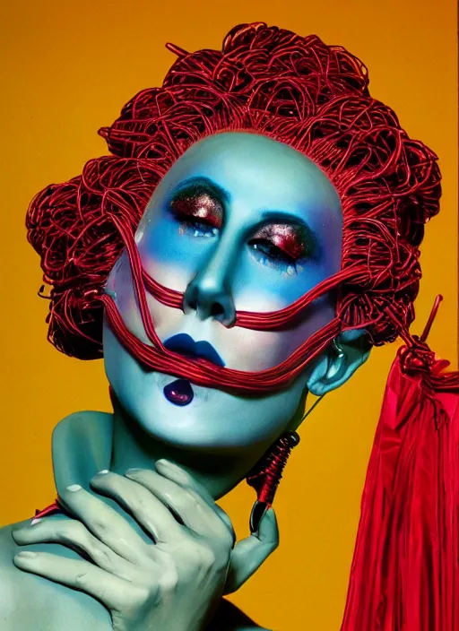Prompt: a colorful vibrant 8 0 s portrait of a woman with dark eye - shadow and red lips with dark slicked back hair, a mask made of wire and beads, dreaming acid - fueled hallucinations, psychedelic by serge lutens, rolf armstrong, peter elson, red cloth background, frilled puffy collar, steven outram colorful flat surreal design