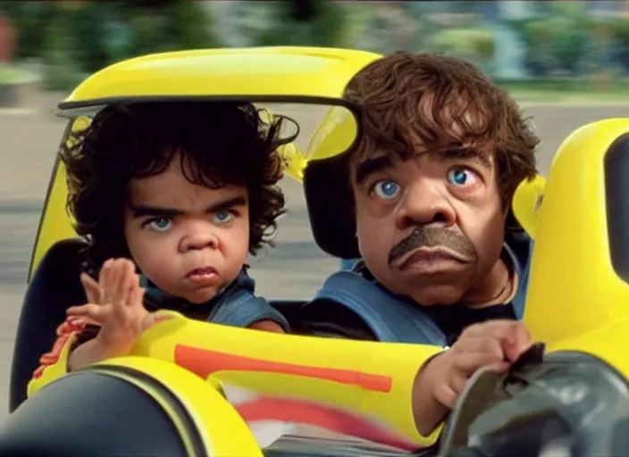 Image similar to peter dinklage racing gary coleman driving a little tikes cars, movie still, from the new fast and furious movie, 8 k, realistic