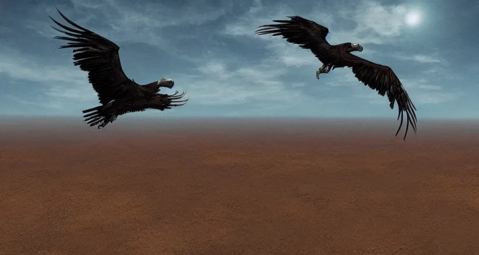 Image similar to artwork of a vulture flying over a desert, artstation